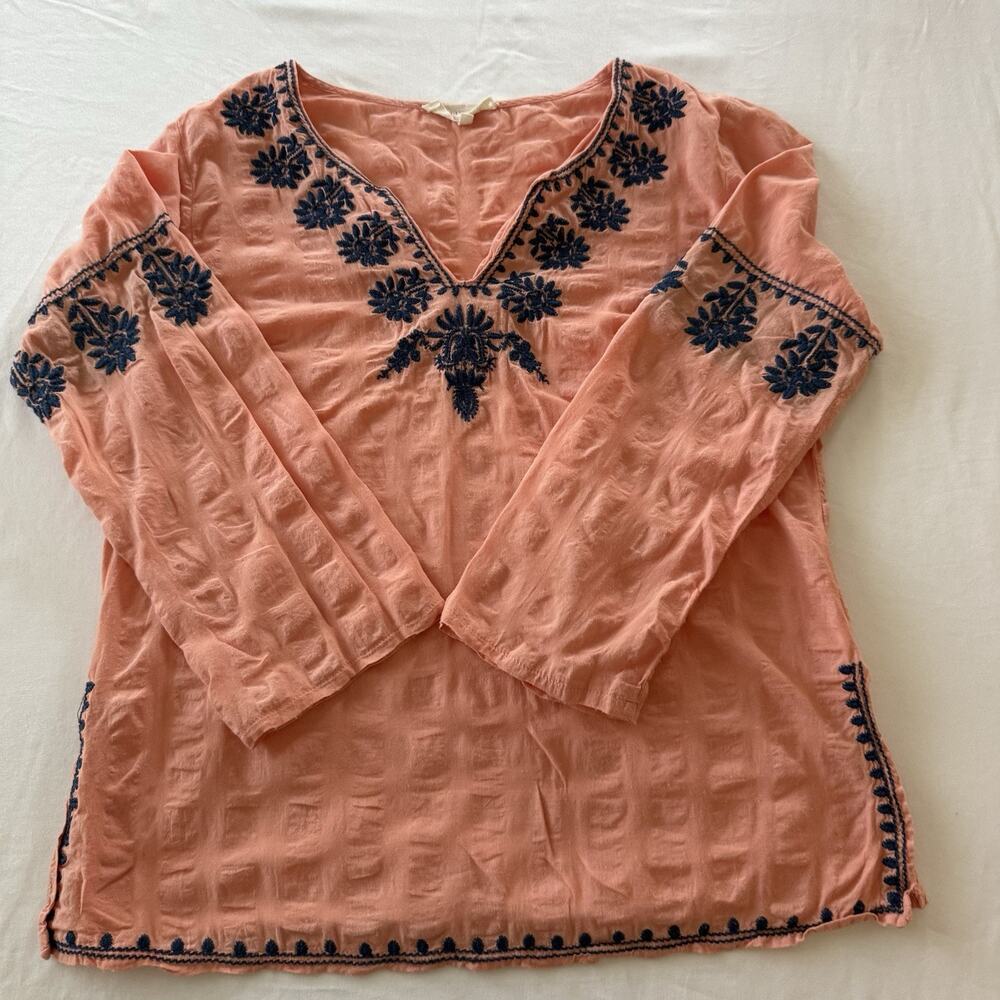 Solitaire Coral Floral Navy Embroidered Blouse Womens Long Sleeve Medium